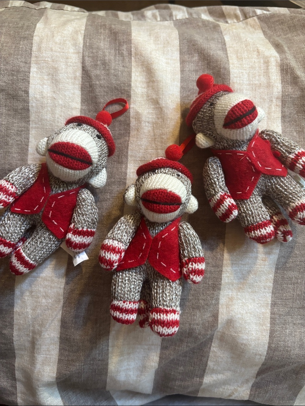 Set of 3 Red & Gray Knit Sock Monkey Ornaments